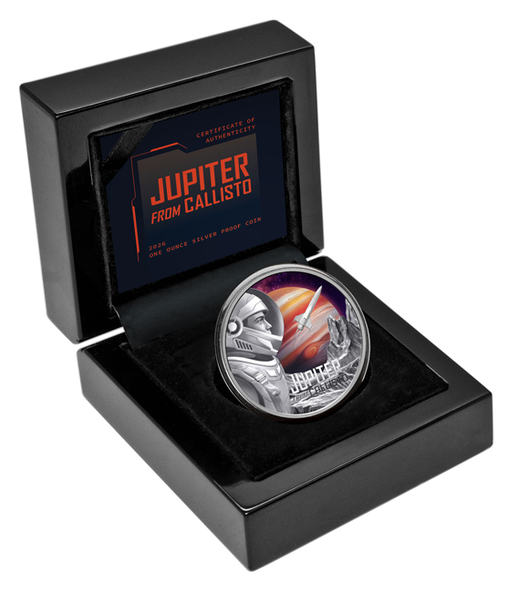 Pohled na planetu Jupiter z Callista 2026, 1 oz stříbra v etuji