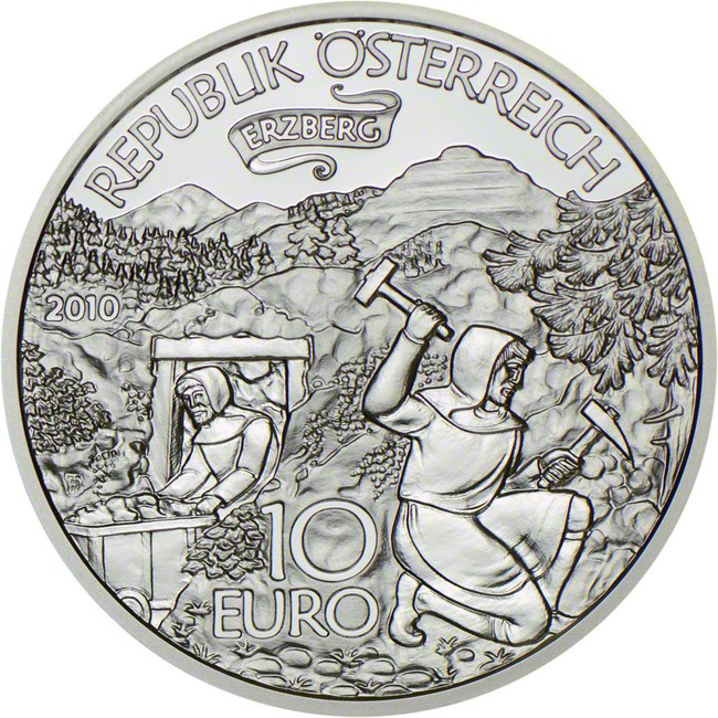 Báje a legendy z Rakouska: hora Erzberg ve Štýrsku 2010, stříbrná mince v etuji, 17 g