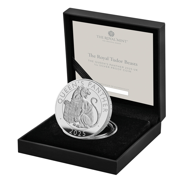 Tudorovský panter 2025 - mincovna Royal Mint -UK, 1 oz stříbra v etuji