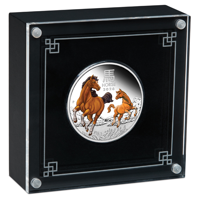 Lunární kůň 2026 - Perth Mint, barevná stříbrná mince v etuji, 1 oz