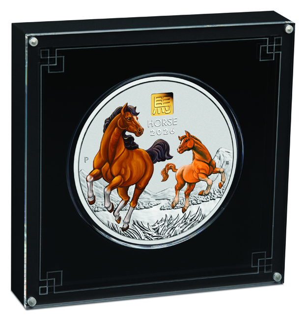 Lunární kůň 2026, Perth Mint, barevná stříbrná mince v etuji, 1 kg