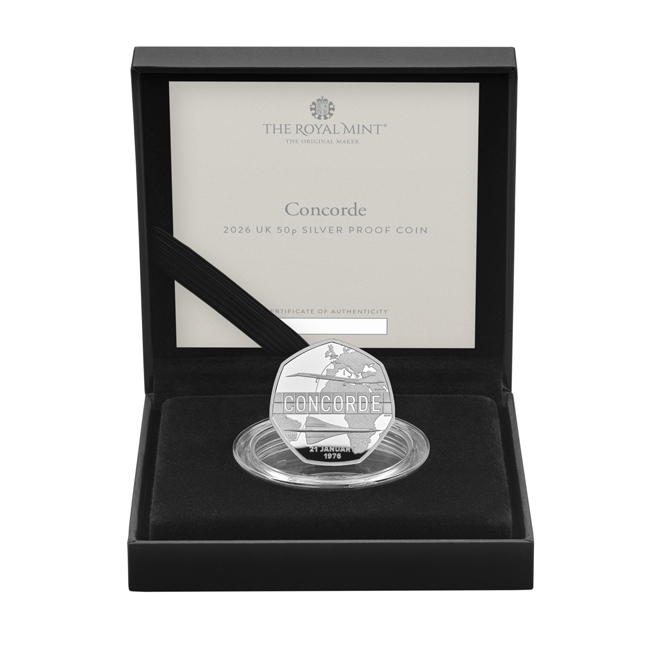 Concorde - 50. výročí, Velká Británie, stříbrná mince v etuji, 8 g