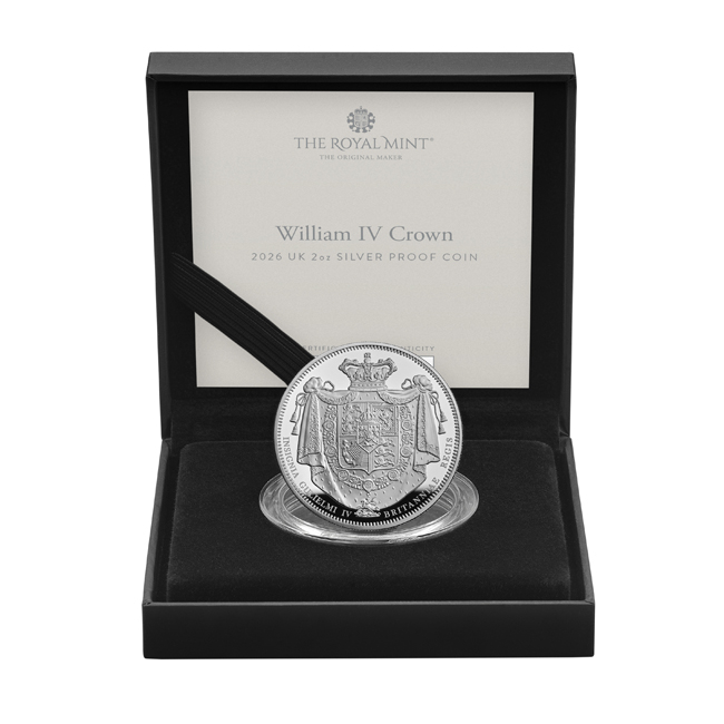 Koruna William IV., stříbrná mince v etuji, 2 oz