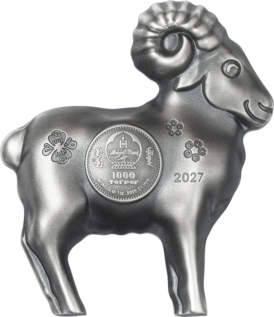 Lunární ovce (koza) 2027, Mongolsko, 1 oz stříbra v etuji