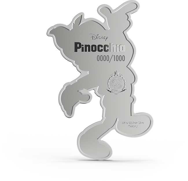 Pinocchio 2026, stříbrná obdélníková mince, 28 g
