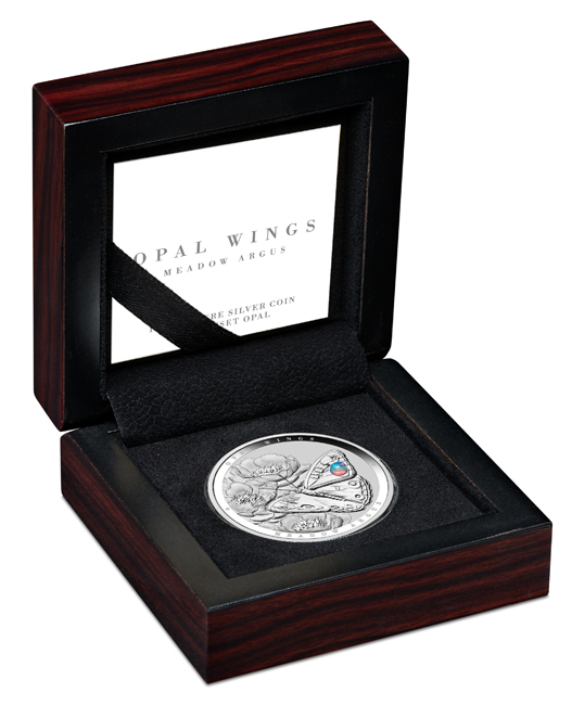 Motýl Modrásek očkovaný 2026, stříbrná mince s opálem, v etuji, 1 oz