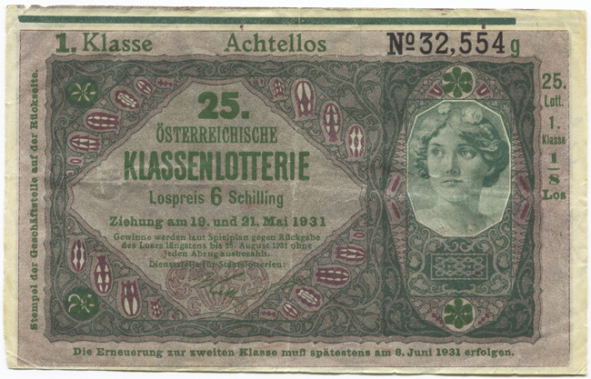 1/8 Los zu 6 Schilling 1931 (Lotterielos auf Donaustaat-Note)