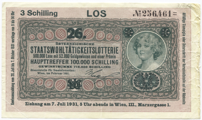 Los zu 3 Schilling 1931 (Lotterielos auf Donaustaat-Note)