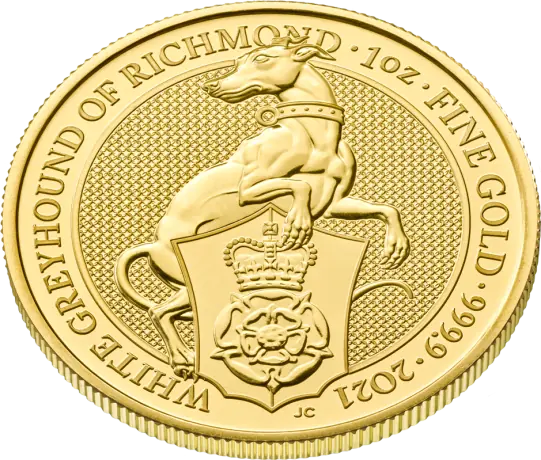Zlatá minca Kráľovnina zvieratá - Greyhound of Richmond (white) 2021, 1 oz
