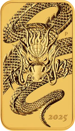 Zlatá obdĺžniková minca Drak 2025, 1&nbsp;oz