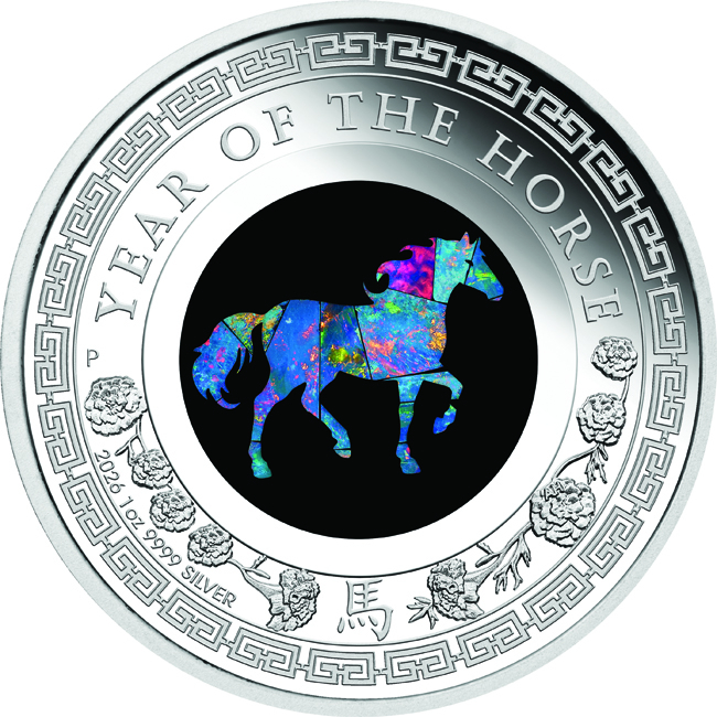 Lunární kůň s opálem 2026, Perth Mint, stříbrná mince v etuji, 1 oz