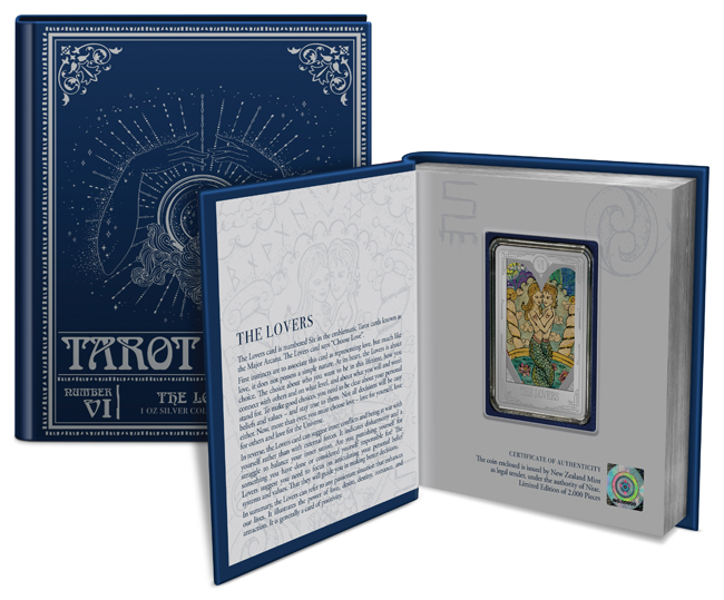 Tarotová karta - Milenci, 1 oz stříbra v etuji